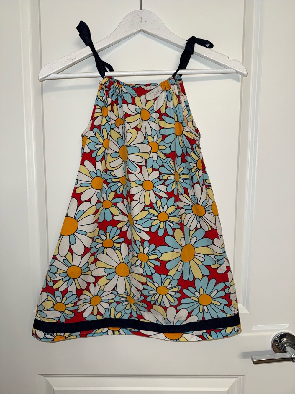 Hanna Andersson Red Daisy Tie-Shoulder Sundress with Navy Straps